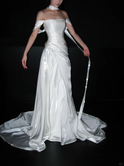 Elegant A Line Off the Shoulder White Pleated Satin Long Wedding Dress DP8105