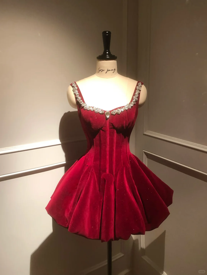 Red A Line Straps Beaded Velvet Short Prom Dress Homecoming Dress DP5453