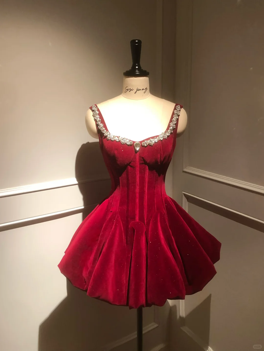 Red A Line Straps Beaded Velvet Short Prom Dress Homecoming Dress DP5453