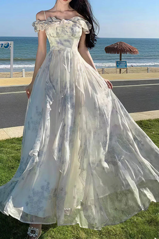 Romantic Flowy A Line Print Floral Chiffon Prom Dress Party Evening Dress DP5378