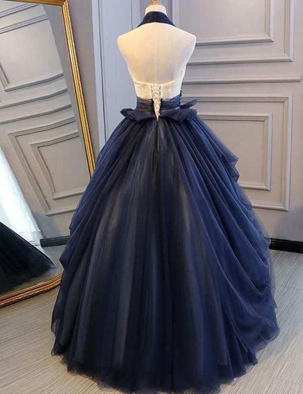 Navy Blue A Line Halter Appliques Backless Long Prom Dresses Evening Dresses DP820