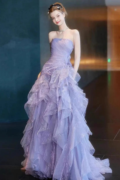 Lilac Ball Gown Strapless Pleated Layered Organza Tulle Long Prom Dress Evening Dress DP6090