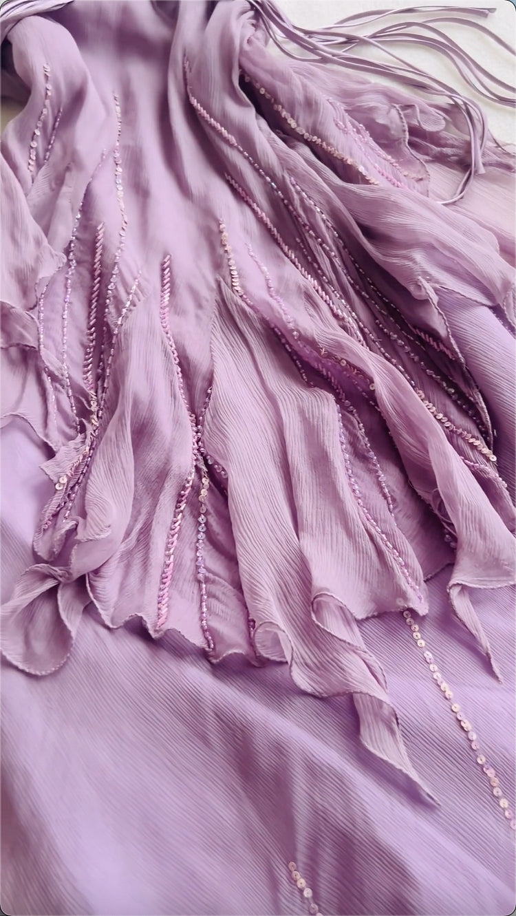 Purple A Line V Neck Ruffle Beaded Chiffon Backless Prom Dress Evening Dress DP1211