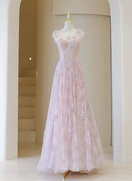 Light Pink A Line Spaghetti strap Flower Applique Lace Tulle Long Prom Dress DP756