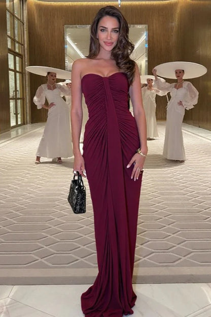 Simple Burguny Sheath Sweetheart Neck Pleated Satin Prom Dress Evening Dress DP6112