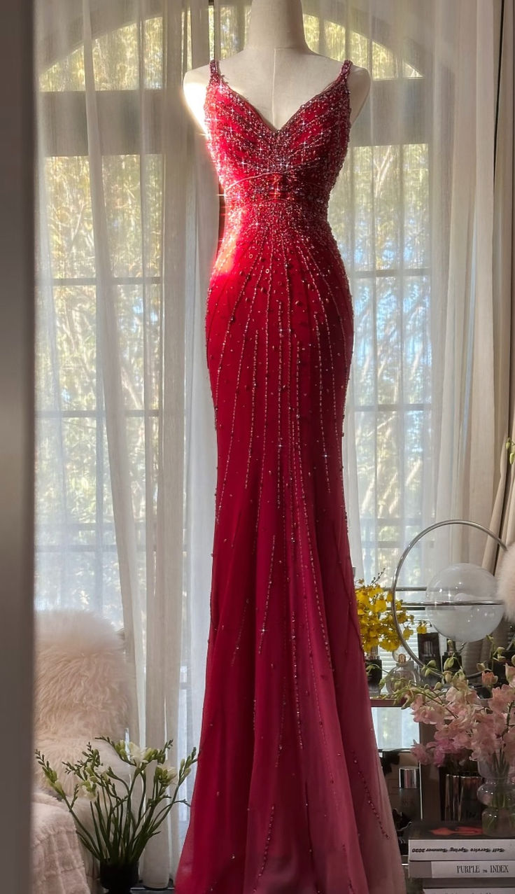 Shiny Sheath V Neck Beaded Burgundy Chiffon Long Party Dress Evening Dress DP2345