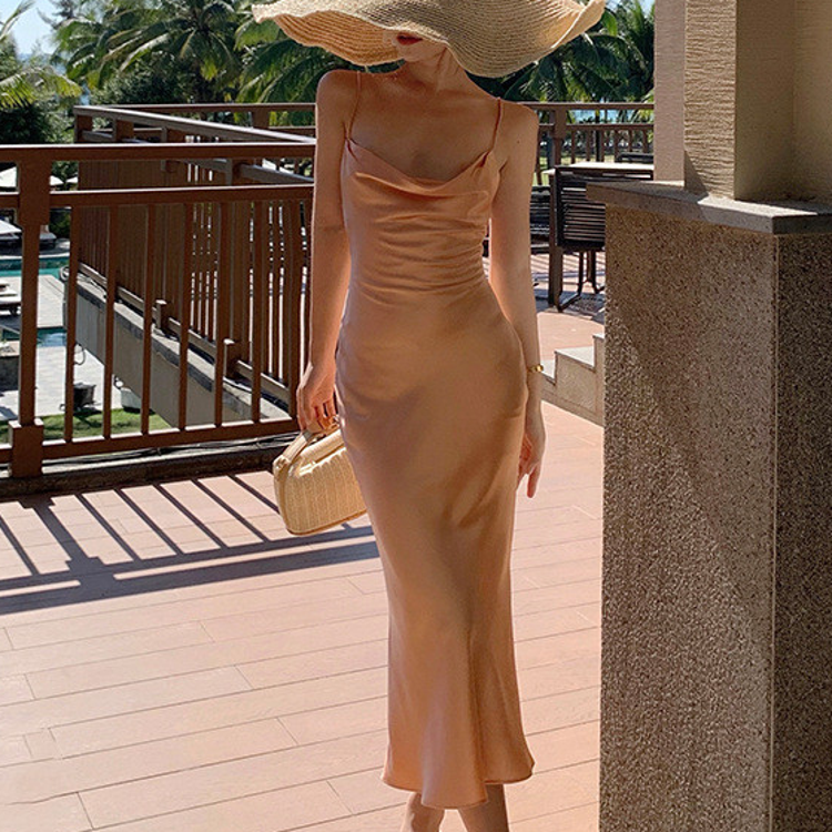 Peach Sheath Spaghetti Strap Backless Satin Evening Dresses Prom Dresses DP898