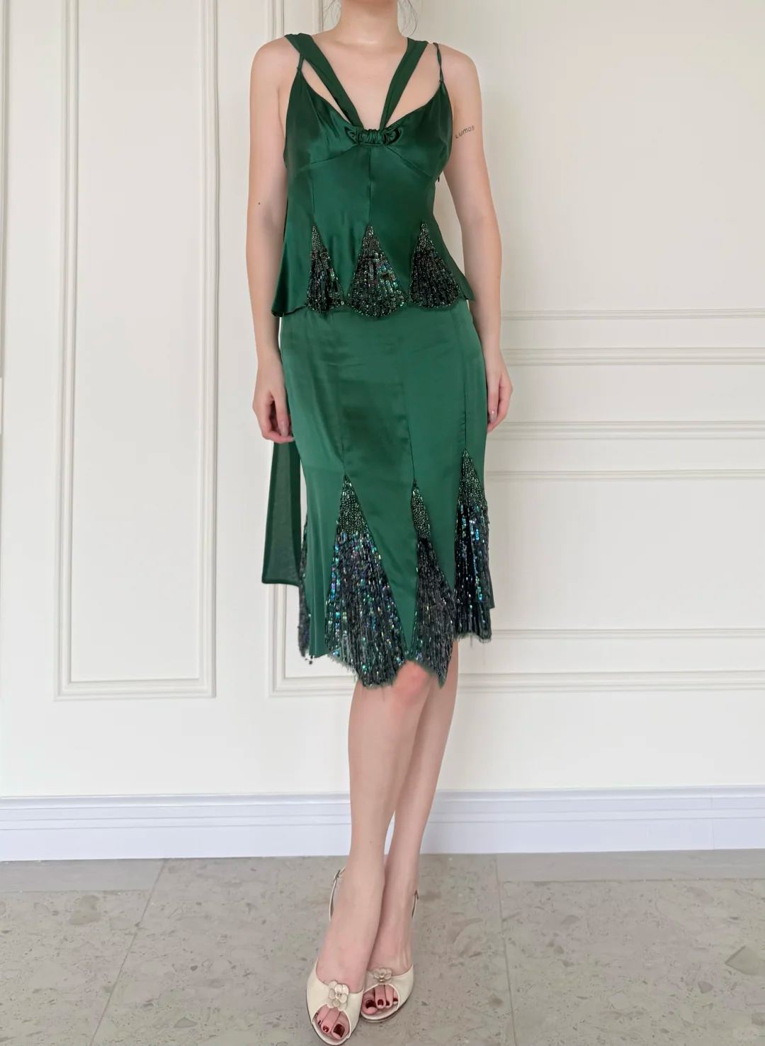 Vintage Two Piece Exquisite Beaded Emerald Satin Short Prom Dress Homecoming Dress DP5162