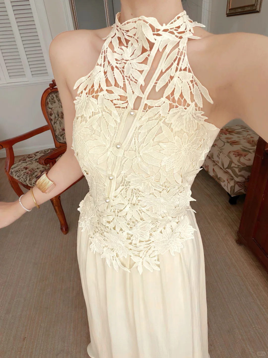 Elegant Ivory A Line Halter Lace Chiffon Long Prom Dress Evening Dress DP6463