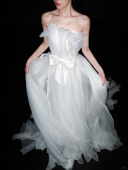Gentle Flowy A Line Strapless White Tulle Long Wedding Dress DP6380