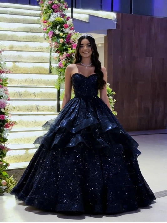 Dark Navy Blue Ball Gown Sweetheart Neck Sequin Tulle Prom Dress Evening Dress DP8053