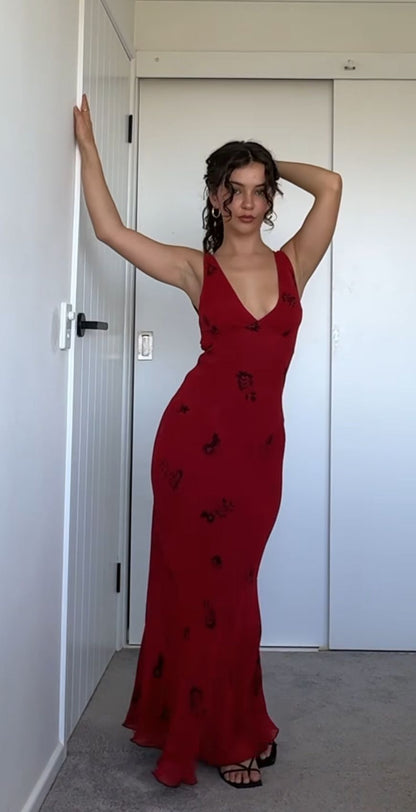 Red Print Sheath V Neck Chiffon Long Prom Dress Evening Dress Outfits DP7185