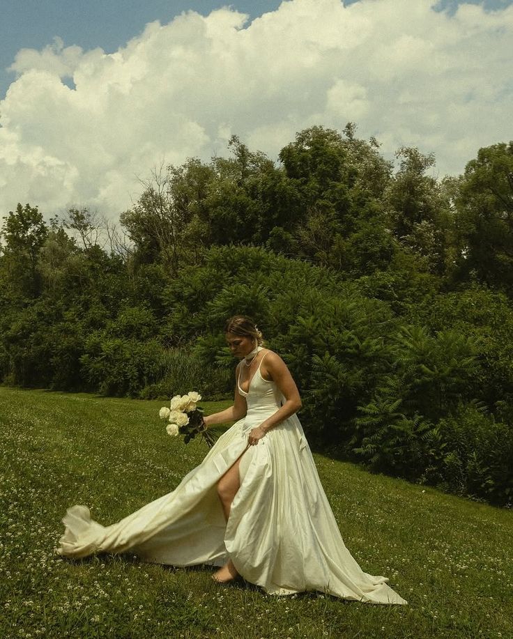 Simple A Line Spaghetti Strap Ivory Satin Long Wedding Dress DP7194