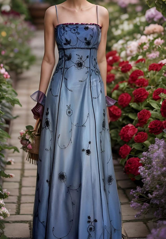 Retro Blue Ombre A Line Spaghetti Strap Beaded Tulle Satin Prom Dress Party Dress DP3593