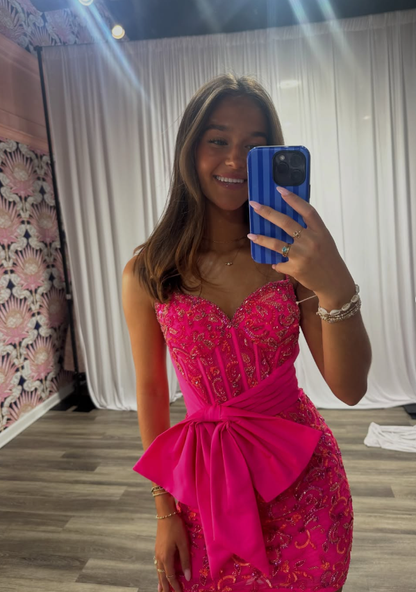 Hot Pink Sheath Sweetheart Neck Sequin Tulle Short Prom Dress Homecoming Dress DP7128