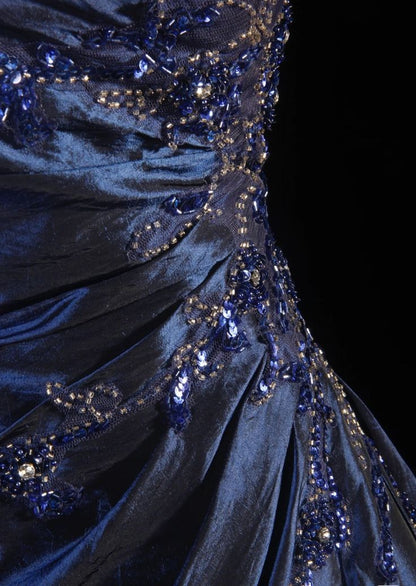 Vintage Ball Gown Strapless Navy Blue Satin Long Prom Dresses Party Dress DP3246