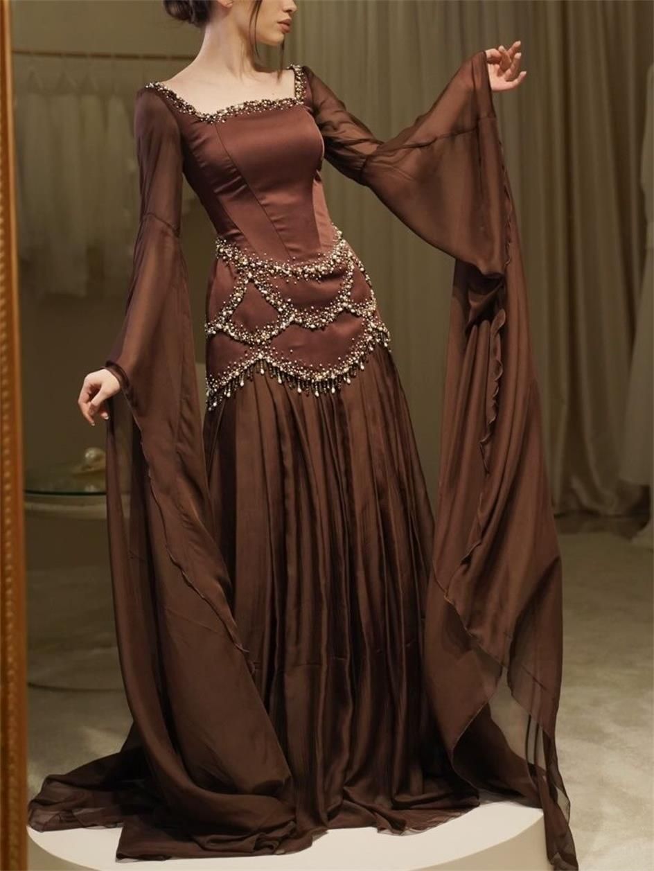Elegant A Line Long Sleeve Beaded Chiffon Satin Prom Dress DP4798