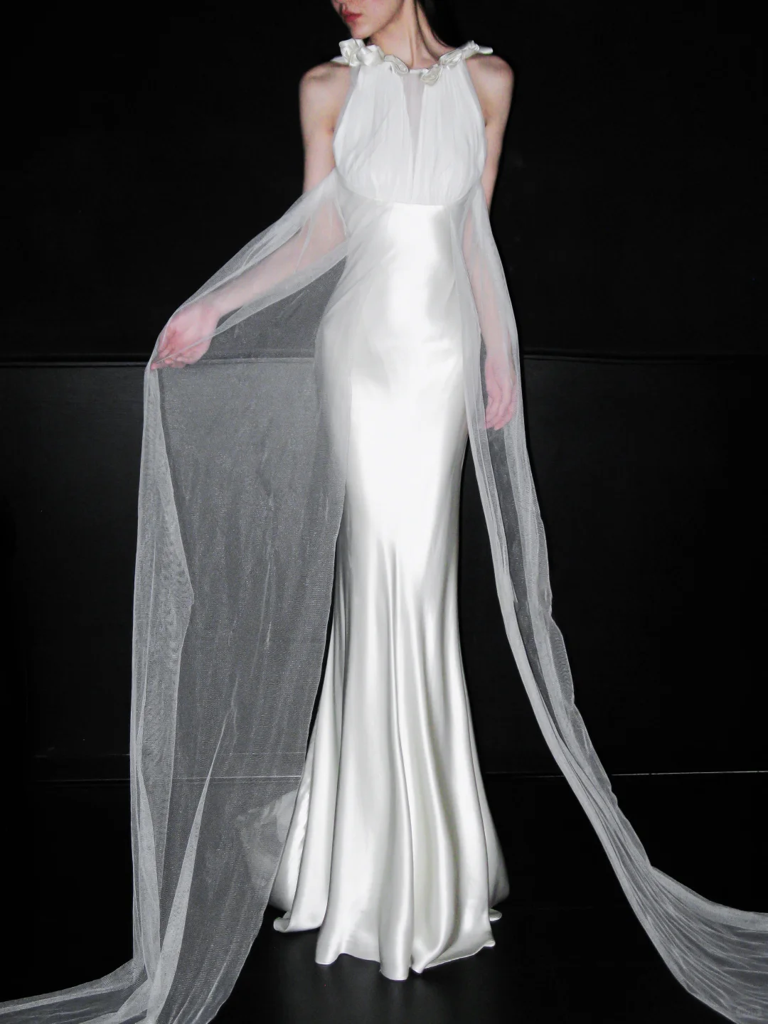 Romantic Mermaid Straps White Satin Tulle Long Wedding Dress DP8127