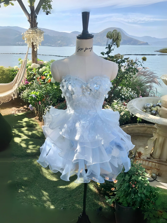 Baby Blue A Line Strapless Lace Layered Organza Short Prom Dress Homecoming Dress DP5462