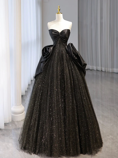 Charming Sweetheart Neck Tulle Satin Long Prom Dress, Black Ball Gown Sweet 16 Party Dress DP031