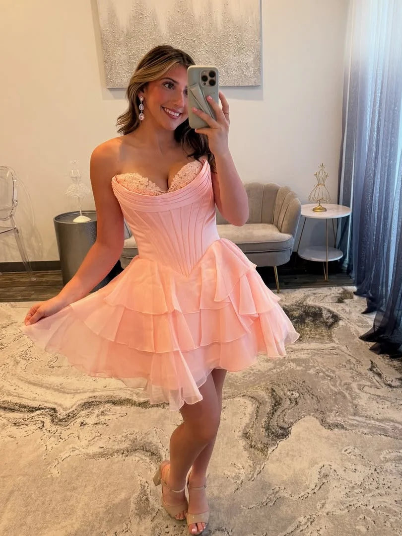 Gorgeous A Line Sweetheart Pink Corset Homecoming Dress with Appliques Ruffles DP7088