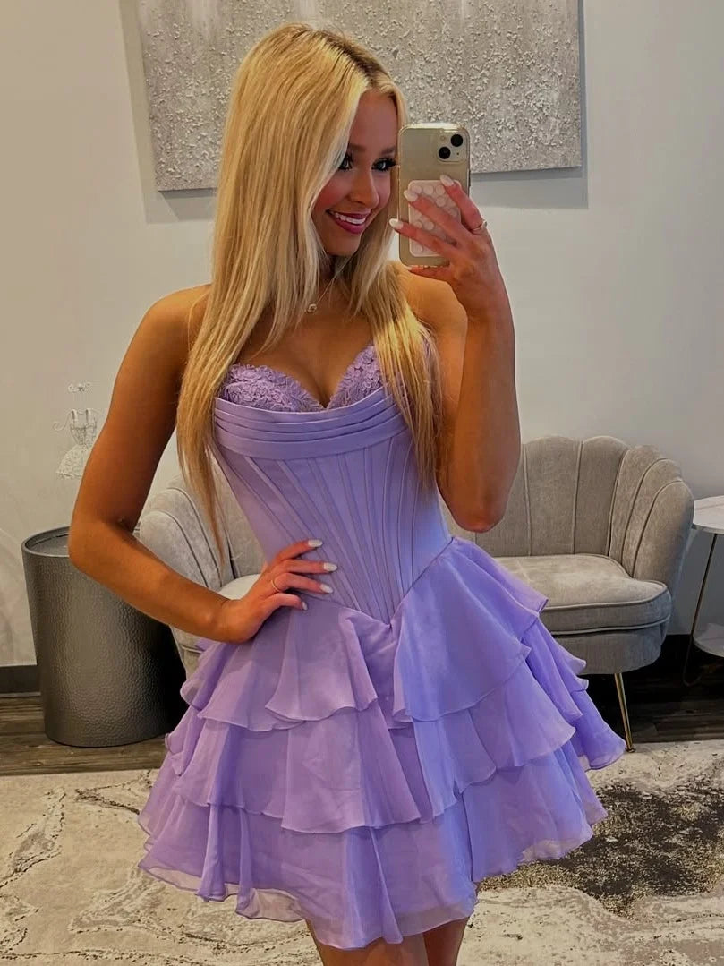 Gorgeous A Line Sweetheart Purple Corset Homecoming Dress with Appliques Ruffles DP7087