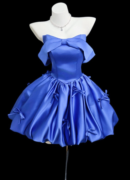 Cute Royal Blue A Line Strapless Bow Satin Short Prom Dress Homecoming Dress DP6633