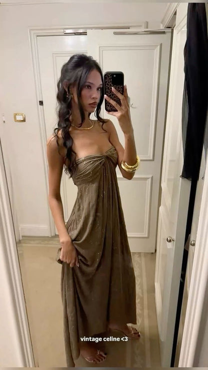 Brown A Line Sweetheart Neck Rhinestone Chiffon Long Prom Dress Evening Dress DP3296