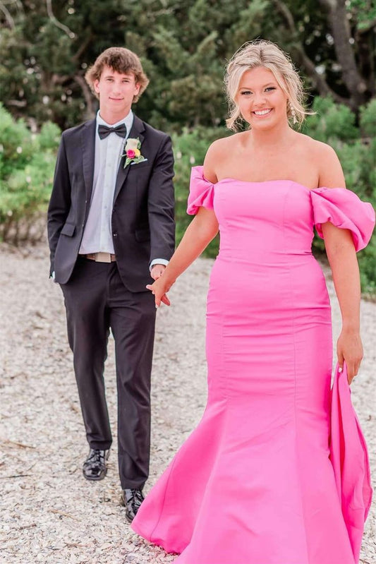 Elegant Mermaid Off-the-shoulder Hot Pink Satin Prom Dresses DP1177