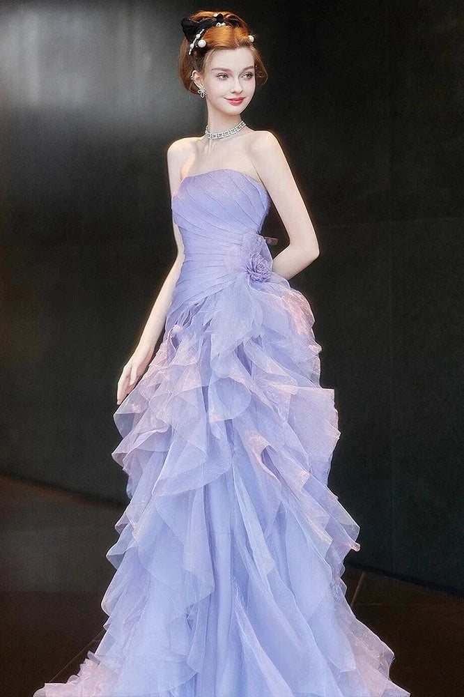 Lilac Ball Gown Strapless Pleated Layered Organza Tulle Long Prom Dress Evening Dress DP6090