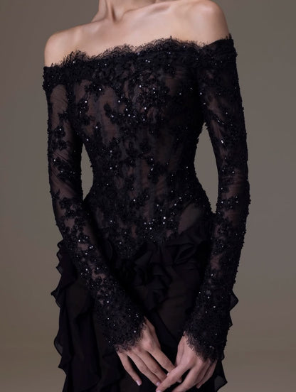 Elegant Black Sheath Long Sleeve Beaded Lace Ruffle Chiffon Prom Dress Evening Dress DP6703