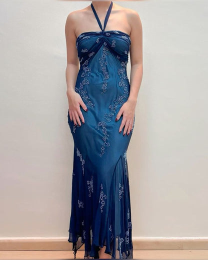 Vintage Purple Halter Mermaid Beaded Prom Dress Long Party Evening Dress DP715