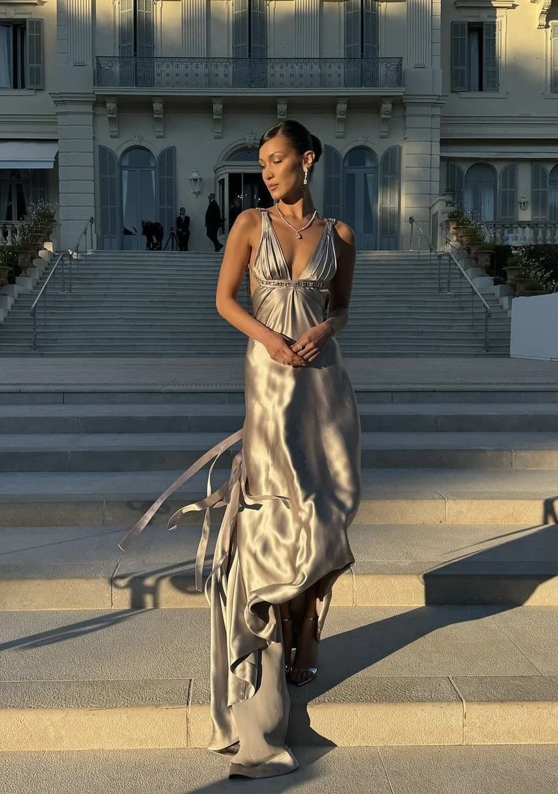 Silver A Line V Neck Beaded Satin Open Back Long Prom Dress DP4412