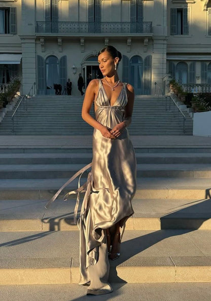 Silver A Line V Neck Beaded Satin Open Back Long Prom Dress DP4412