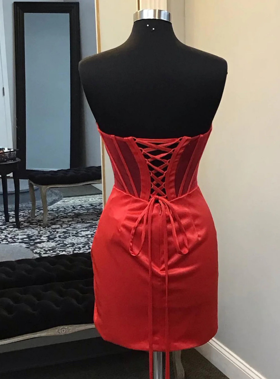 Red Satin Strapless Pleats Short Homecoming Dress DP540