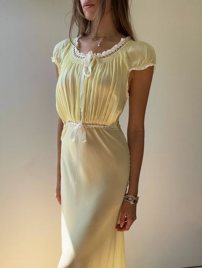 Vintage Yellow A Line Round Neck Chiffon Long Party Dress Outfits DP3743