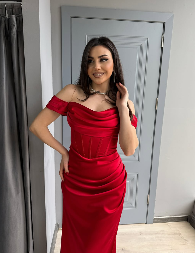 Charming Mermaid Off the Shoulder Corset Red Satin Prom Dress Evening Dress DP1834
