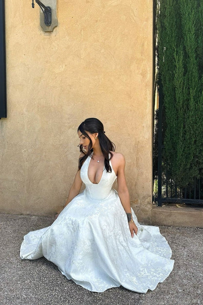 Sweety Ivory A Line Halter V Neck Print Satin Prom Dress Party Dress DP7707