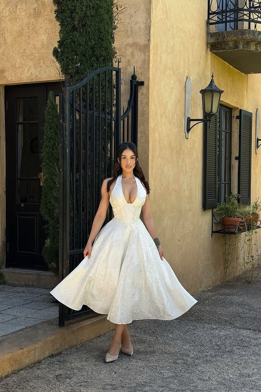 Sweety Ivory A Line Halter V Neck Print Satin Prom Dress Party Dress DP7707