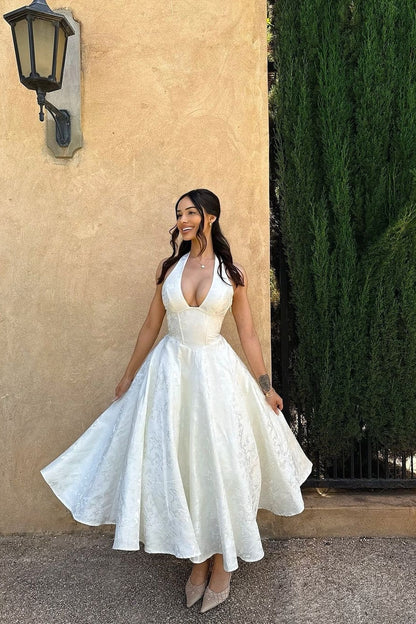 Sweety Ivory A Line Halter V Neck Print Satin Prom Dress Party Dress DP7707