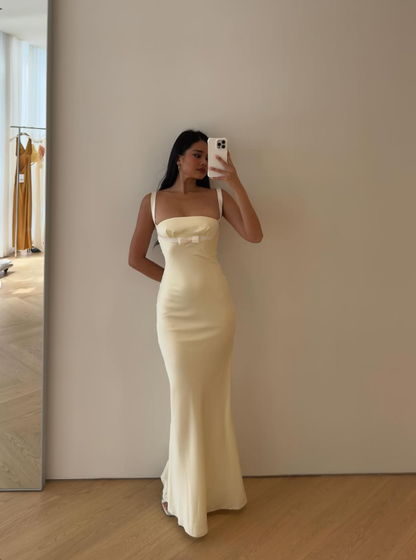 Elegant Light Yellow Mermaid Straps Satin Long Prom Dress Evening Dress DP5122