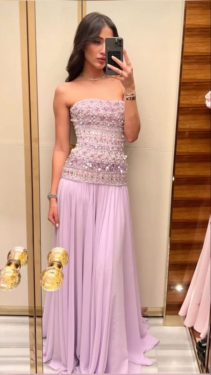 Gentle Lilac A Line Strapless Exquisite Beaded Chiffon Prom Dress Graduation Prom Dress DP6643