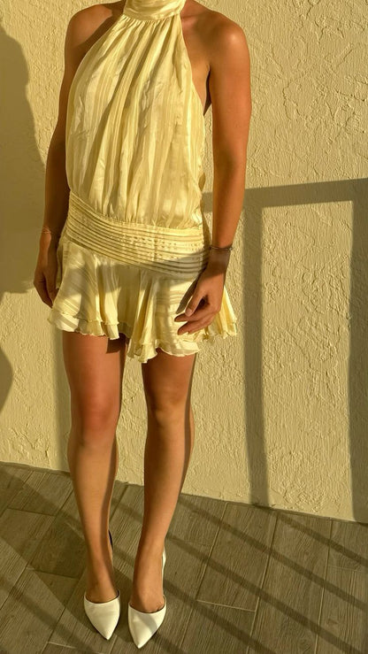 Yellow A Line Halter Satin Short Open Back Homecoming Dress Birthday Dress DP4014