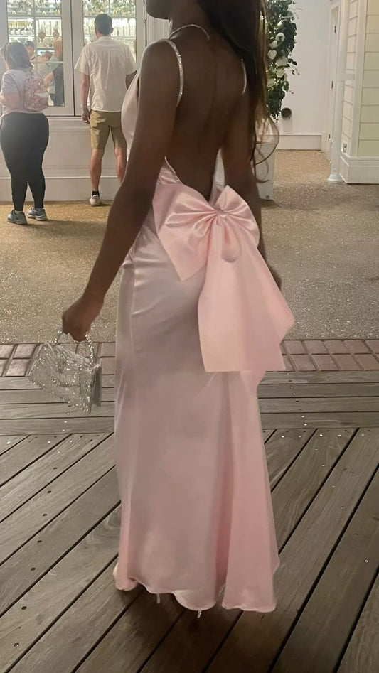 Pink Sheath Spaghetti Strap Satin Open Back Prom Dress 16th Birthday Dress with Bow DP3956