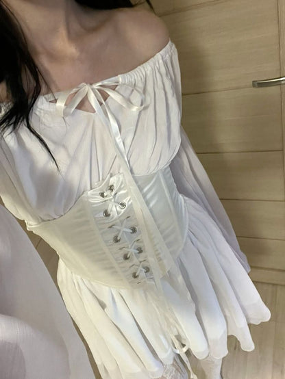 Flowy A Line Long Sleeve Corset White Chiffon Satin Short Homecoming Dress Cocktail Dress DP2877