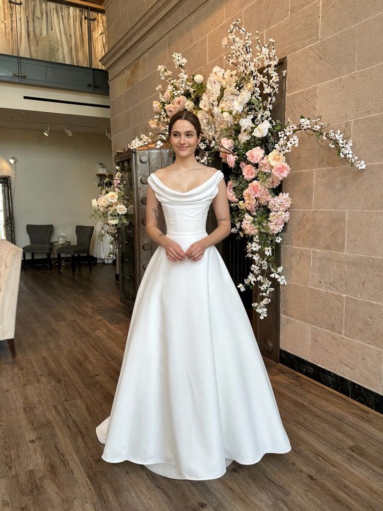 Elegant A Line Off the Shoulder White Simple Satin Long Wedding Dress DP6863