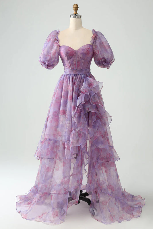 Purple A Line Puff Sleeve Corset Long Prom Dress With Slit Floor Length DP1138