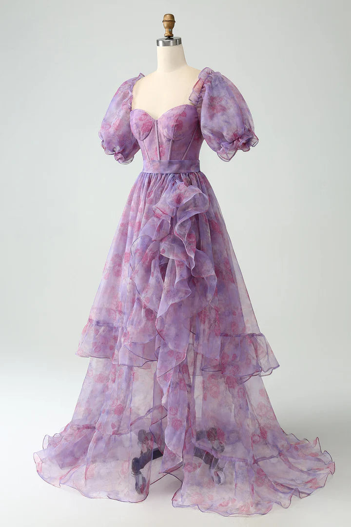 Purple A Line Puff Sleeve Corset Long Prom Dress With Slit Floor Length DP1138