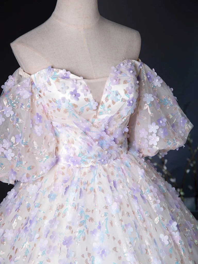 A Line Puff Sleeves Sweetheart Neck Appliques Tulle Long Prom Dress Ball Gown DP1059