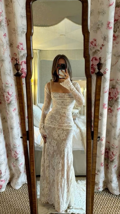 Two Piece Sheath Long Sleeve White Lace Prom Dress Evening Dress DP6707